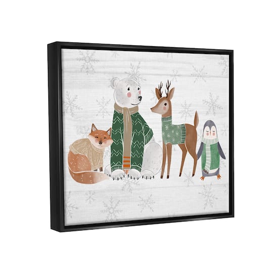 Stupell Industries Winter Wildlife Animals Snowflakes Framed Floater Canvas Wall Art